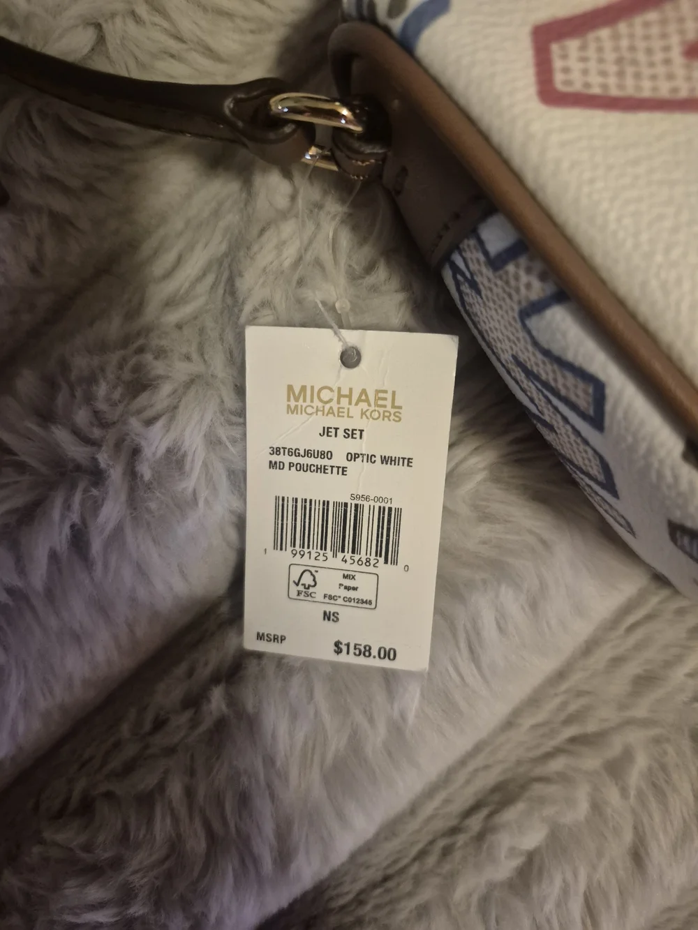 Michael Kors White Multicolor MK Print Shoulder Bag with Brown Strap